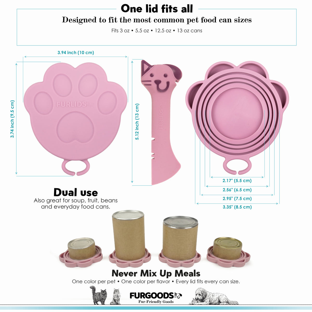 FURLIDS Pink Cat Dog Food Can Lid, Airtight Silicone Cover Spatula 1 Pack