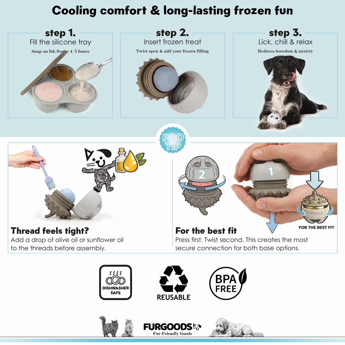 FURSICLE Pro Frozen Dog Treat Toy, befüllbarer Enrichment-Leckball mit Schale