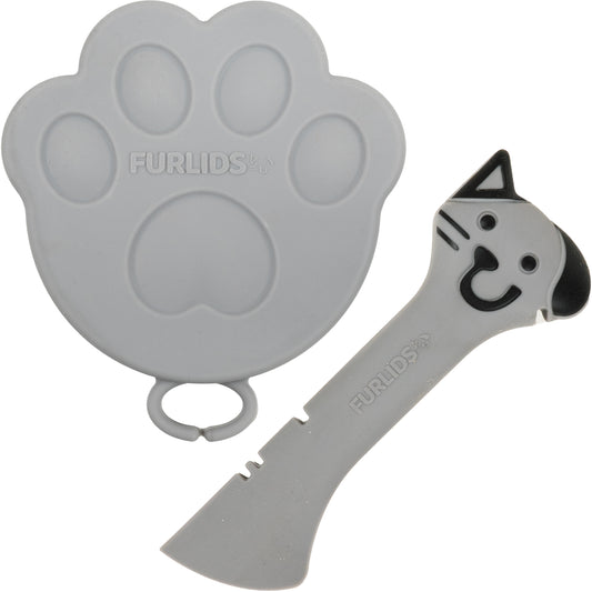FURLIDS Grey Cat Dog Food Can Lid, Airtight Silicone Cover Spatula 1 Pack
